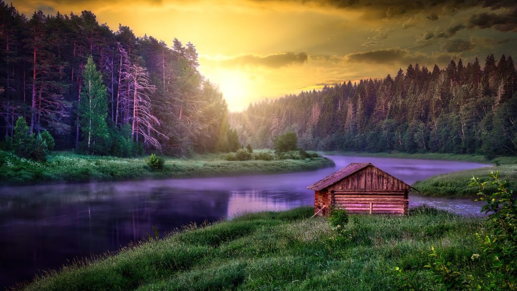 cabin-river-forest-nature-sunset-scenery-hd-wallpaper-1080