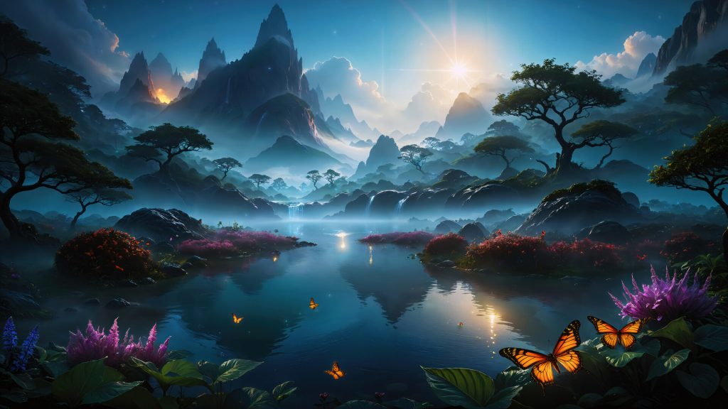 nature-lake-forest-mountain-sunrise-scenery-digital-art-hd-wallpaper-1080