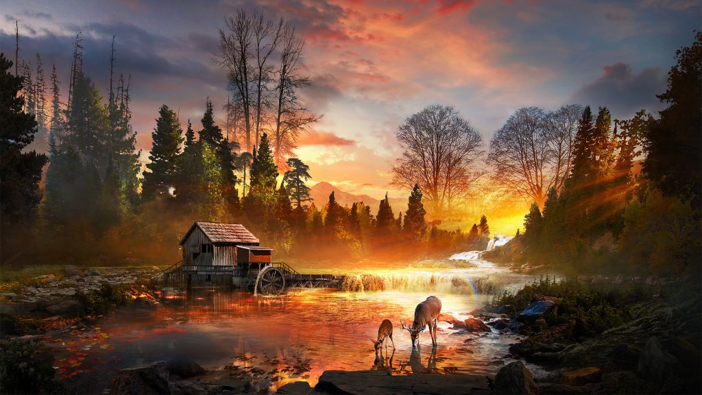 nature-river-deer-sunset-scenery-1080